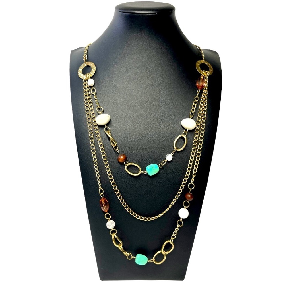 Golden Crystals Triple Layered Chain Necklace Costume Jewelry 34"